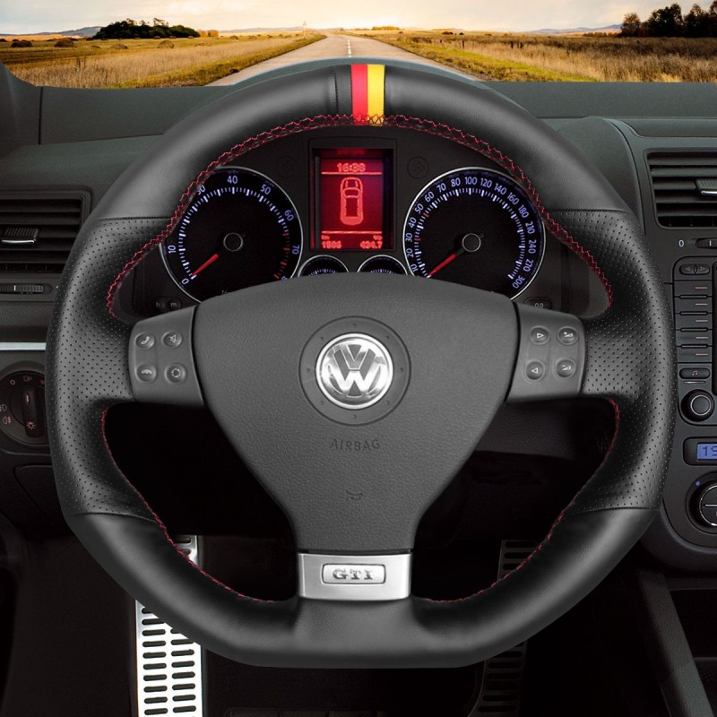 Loncky Auto Custom Fit OEM Black Genuine Leather Car Steering Wheel Cover for Volkswagen VW R32